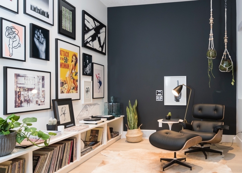 Mid-Century Modern Reading Nook with Dark Accent Wall Gallery