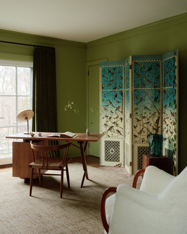 Mid-Century Writing Desk in Olive Green Study with Bird Motif Screen