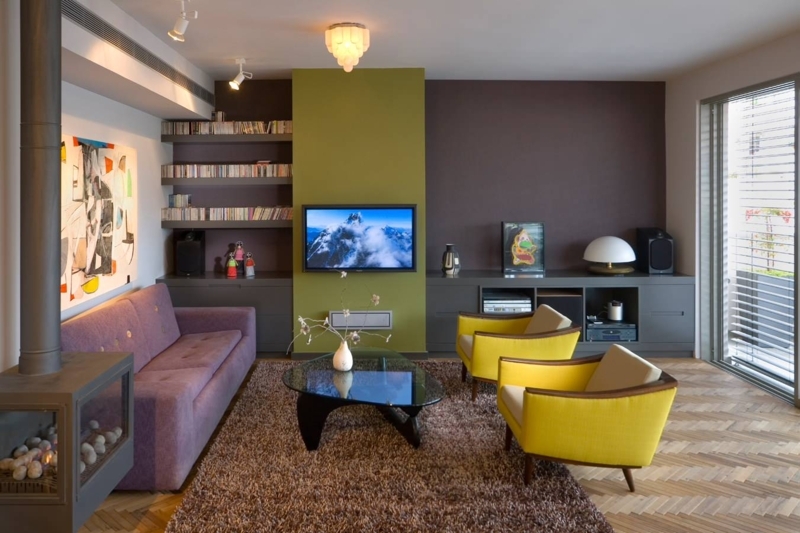 Mid Century Yellow Accent Chairs and Media Wall with Green Accent