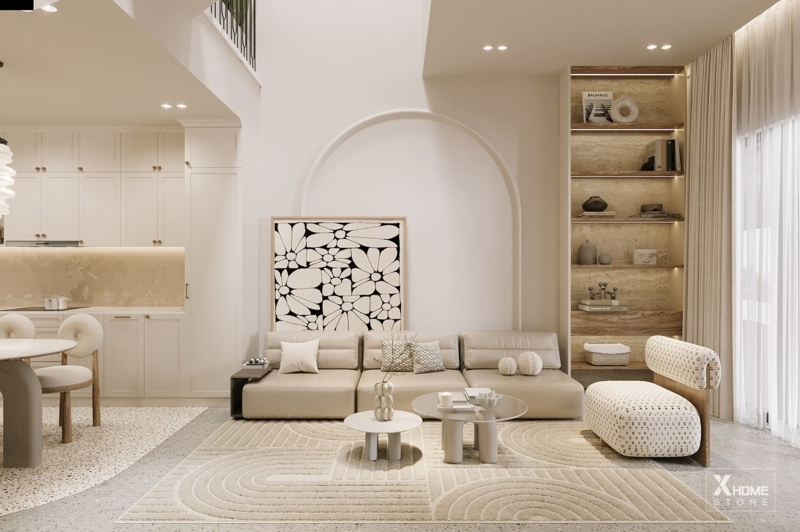 Minimalist Arched Wall Focal Point in Neutral Japandi Living Room Design