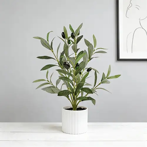 Minimalist Faux Plant Ribbed White Pot Mediterranean Style