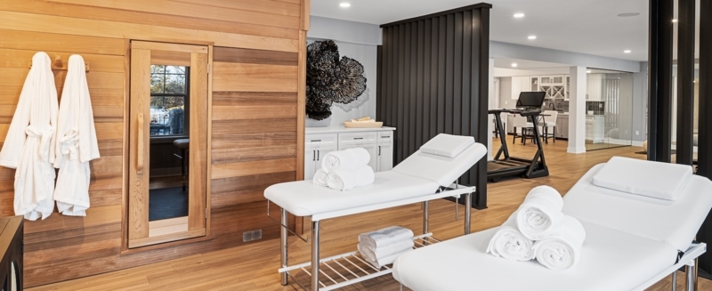 Minimalist Home Spa: Built-In Sauna & Black Slat Partition