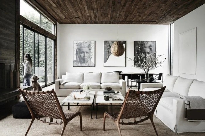 Minimalist Living Room Dark Wood Ceiling Woven Accent Chairs