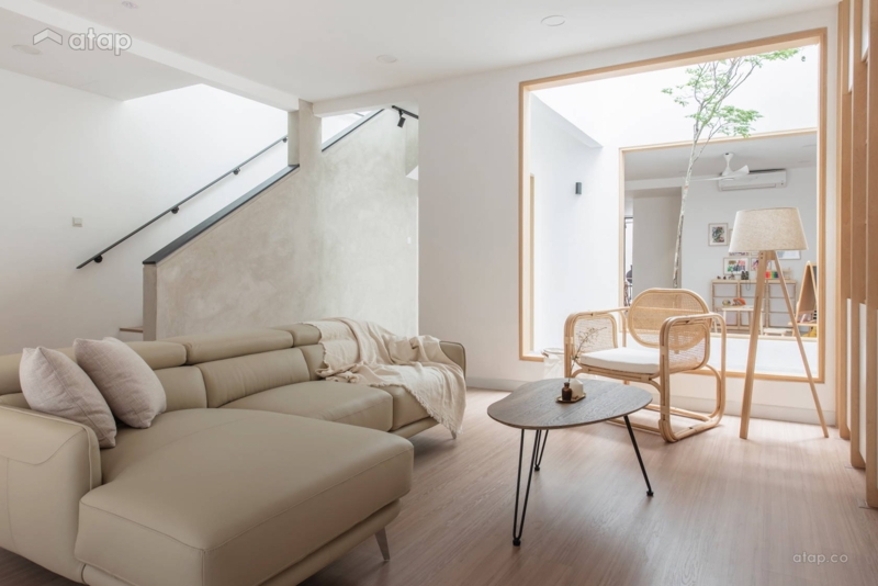 Minimalist Living Room Interior Window Courtyard View Rattan Chair