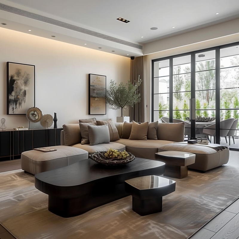 Minimalist Living Room: Low Profile Sectional & Dark Coffee Table.