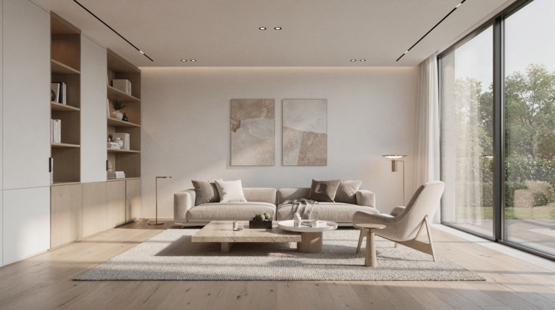 Minimalist Living Room: Low Profile Sofa Style & Architectural Built-Ins