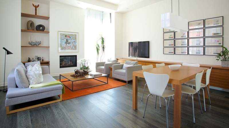 Minimalist Living Room Orange Rug in Modern Open-Concept Living Dining