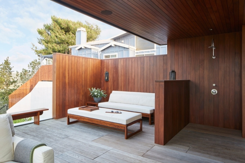Minimalist Outdoor Wellness Lounge with Full Wood Cladding & Shower