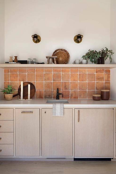 Minimalist Pantry with Earthen Tile Backsplash and Light Wood Cabinets.