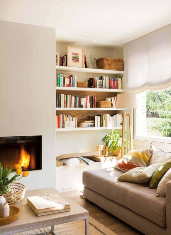 Minimalist Reading Nook with Built-in Bookshelf & Fireplace.