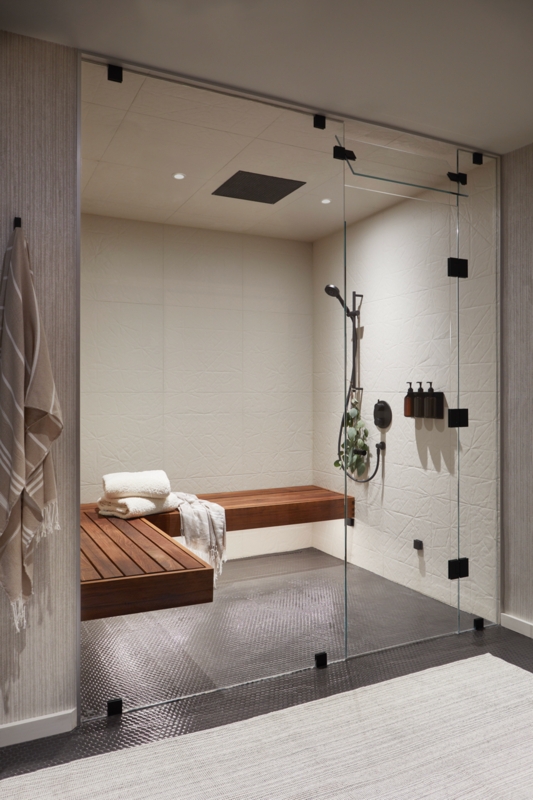Minimalist Walk-In Shower with Slatted Floating Bench & Textured Tiles