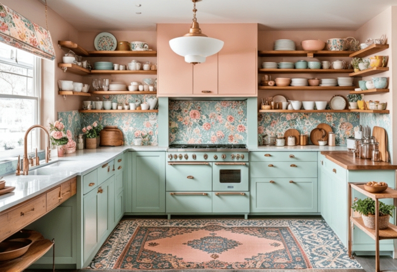 Mint Green Range and Peach Cabinetry in Vintage Grandmacore Kitchen