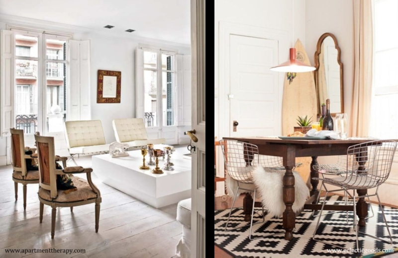Mixing Vintage and Modern Furniture Geometric Rug White Shutters