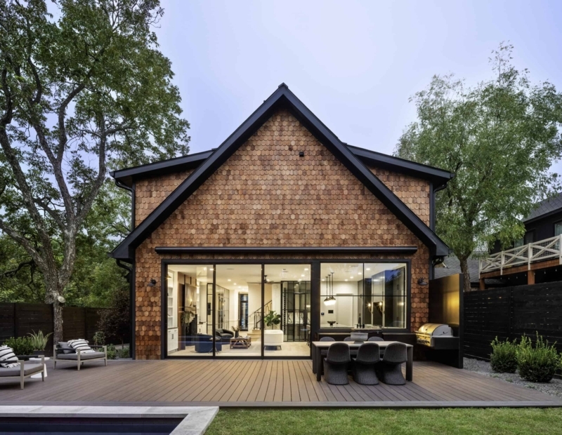 Modern Backyard Deck featuring Scalloped Shingle Siding & Glass Doors