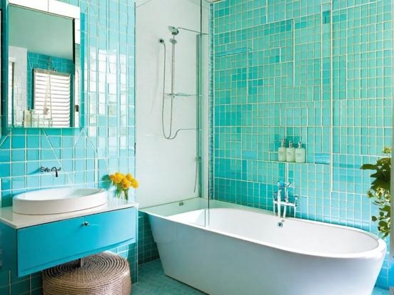 Modern Bathroom with Turquoise Grid Tiles, Floating Blue Vanity and Oval Tub