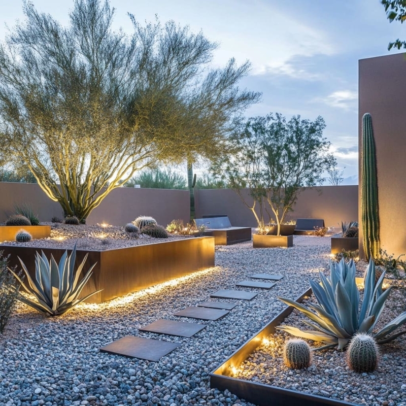 Modern Desert Garden with Metal Planters, Linear Lighting, and Steppers