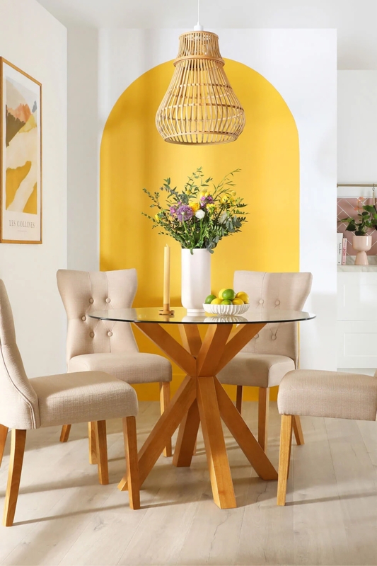 Modern Dining Set with Glass Top and Yellow Painted Arch