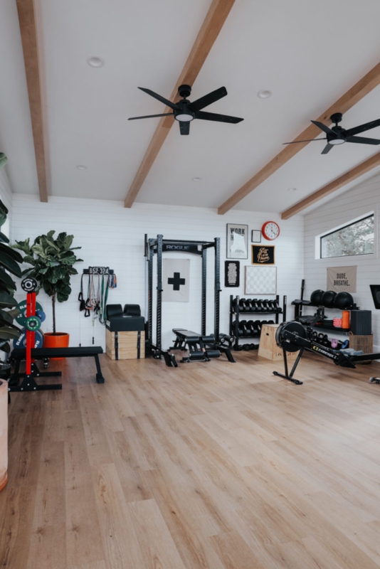 Modern Farmhouse Detached Gym Studio With Shiplap And Vaulted Ceiling