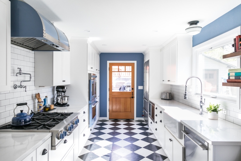 Modern Farmhouse Kitchen with Blue Accents, Checkerboard Floor, Pot Filler