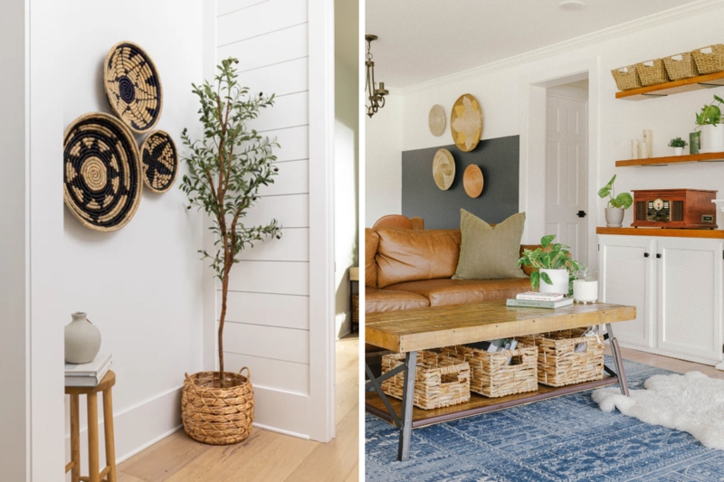 Modern Farmhouse Living Room with Tan Leather Sofa and Woven Baskets