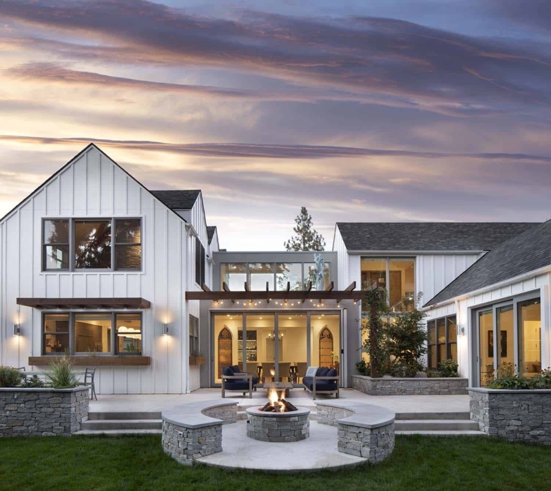 Modern Farmhouse Patio Design with Stone Fire Pit & Board and Batten