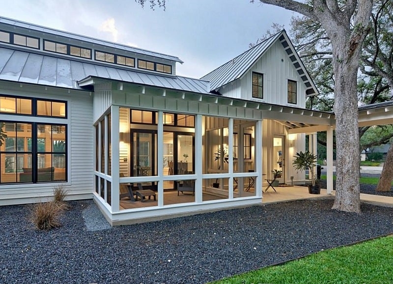 Modern Farmhouse Porch with Black Window Frames & Charcoal Gravel.