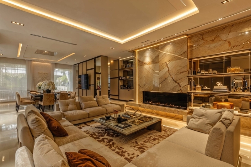Modern Glam Living Room Design: Stone Fireplace & Integrated LED Glow
