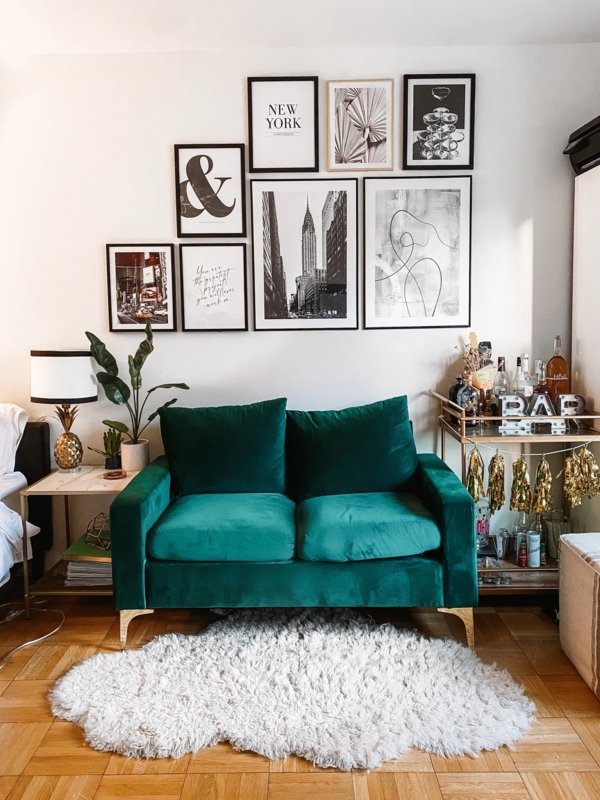 Modern Glam Loveseat in Emerald Green Velvet with Gold Legs