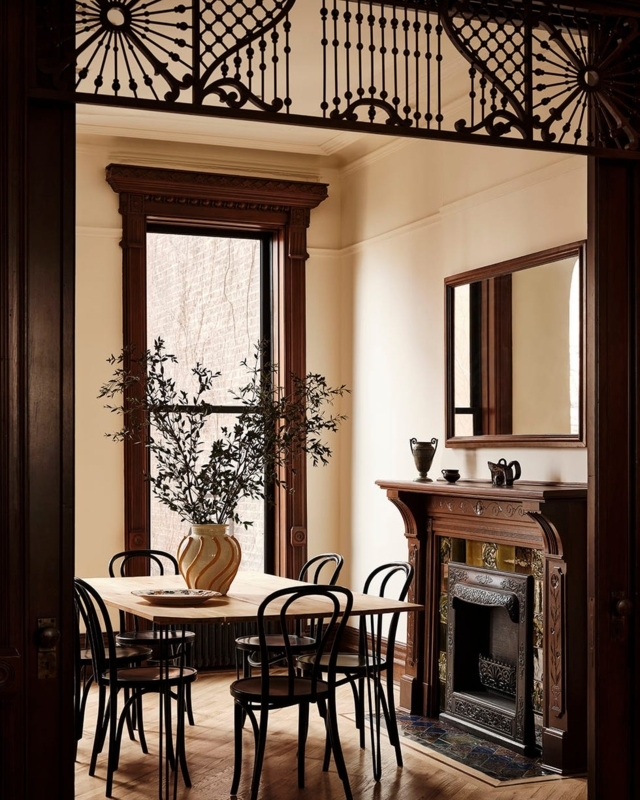 Modern Heritage Dining Room Decor: Architectural Wood Fretwork & Mantel