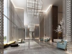 Modern Hotel Lobby: Sculptural Cube Light Fixture, Lattice Wall Panels