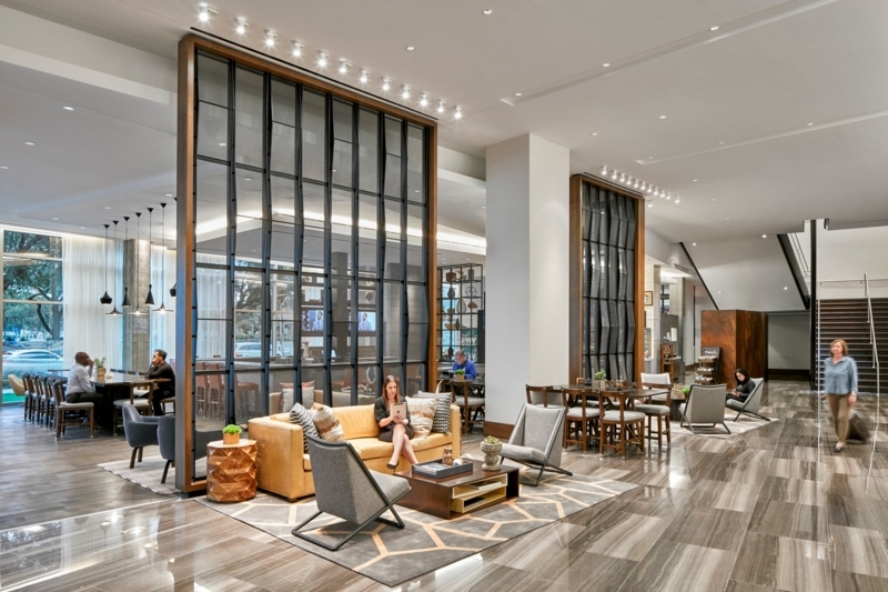 Modern Industrial Lounge: Architectural Screens, Polished Stone Floor