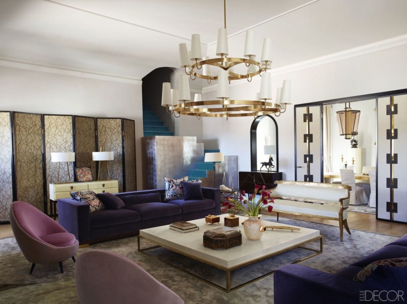 Modern Italian Living Room: Purple Velvet Sofa & Brass Chandelier