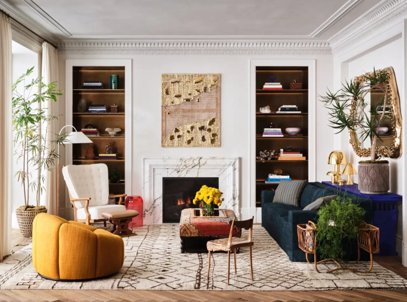 Modern Marble Fireplace Decor Ribbed Mustard Chair Built-in Shelving