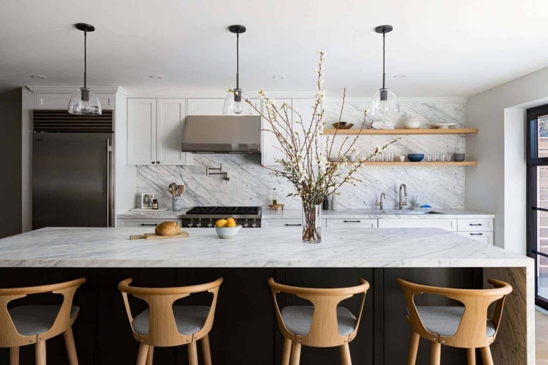 Modern Marble Kitchen Island with Full-Height Backsplash and Open Shelving