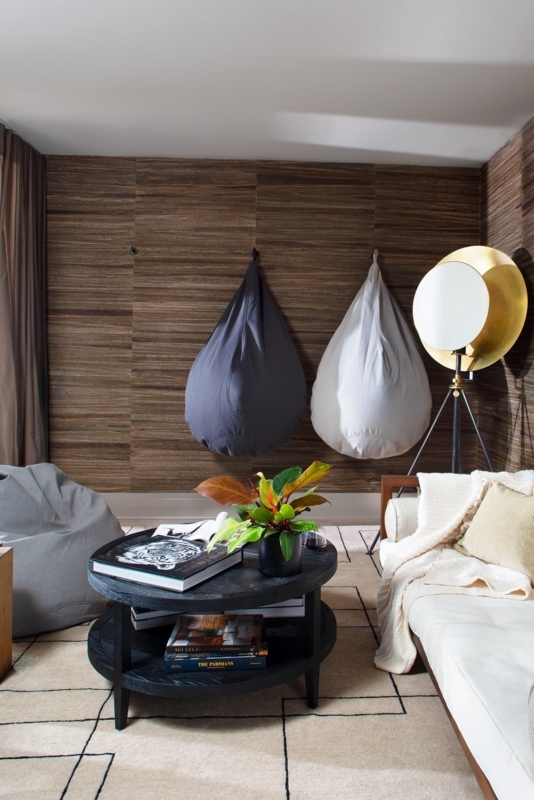 Modern Meditation Room with Hanging Bean Bag Chairs