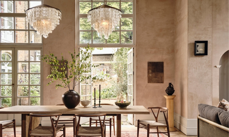 Modern Mediterranean Dining: Plaster Walls & Shell Chandeliers