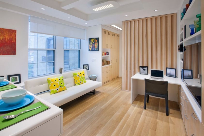 Modern Minimalist Studio with Slatted Wood Partition
