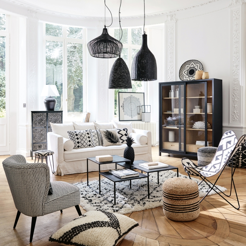 Modern Monochrome Coastal Living Room: Woven Pendant Lights