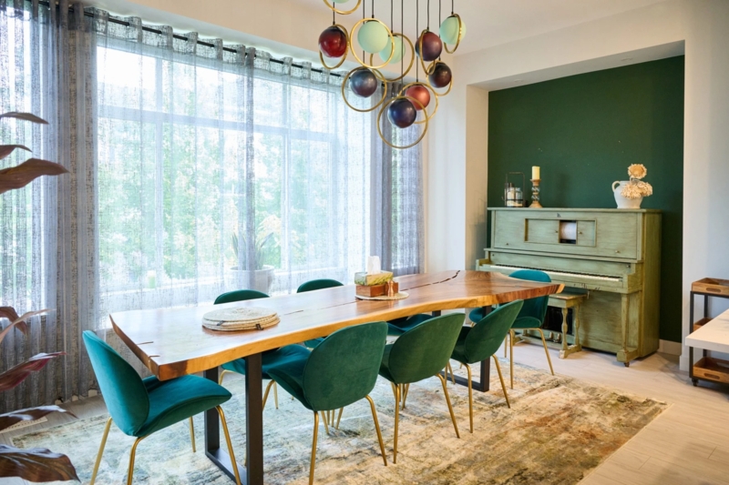 Modern Organic Dining Table with Live Edge and Emerald Chairs