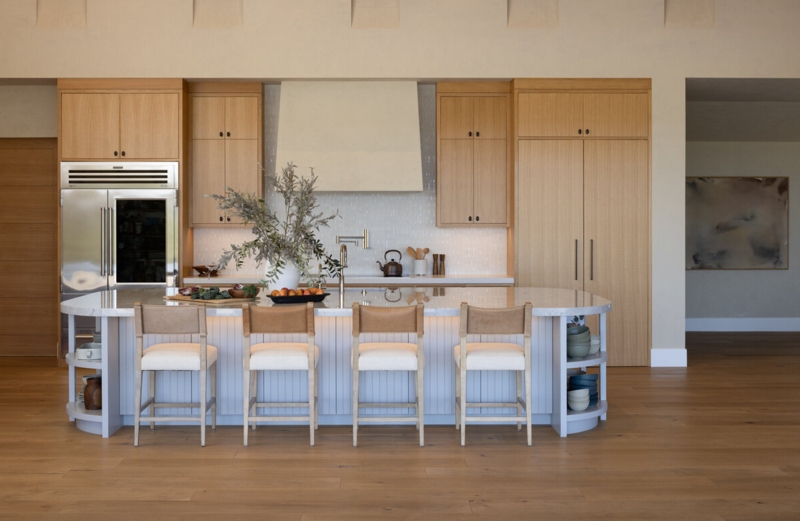 Modern Organic Kitchen with Paneled Island Base & Leather Strap Stools