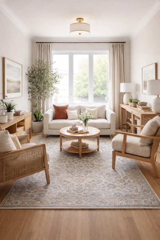 Modern Organic Living Room: Cane Accent Chairs & Round Wood Table