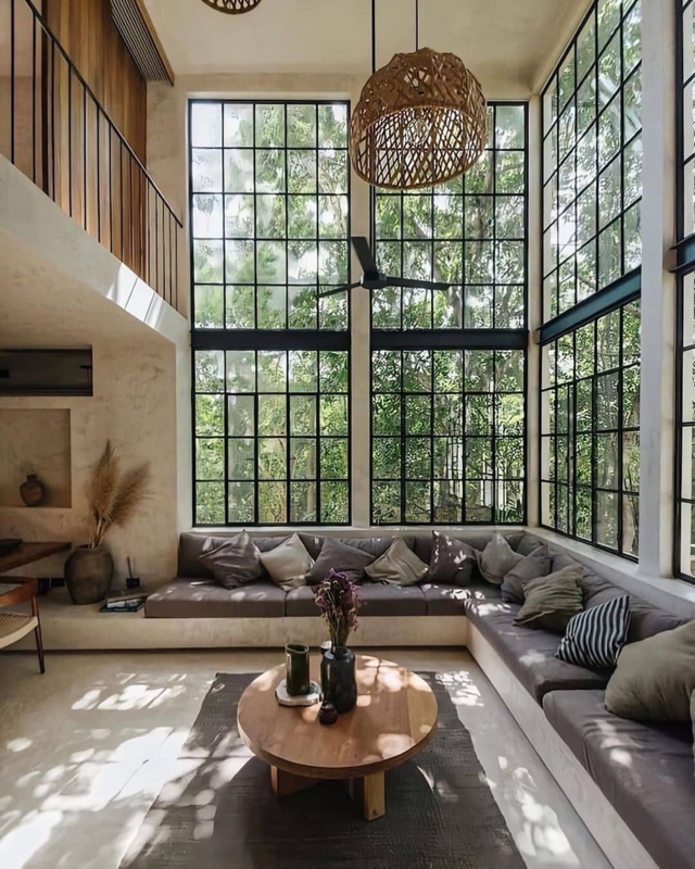 Modern Organic Loft Living Room: Built-In Sectional & Large Woven Pendant