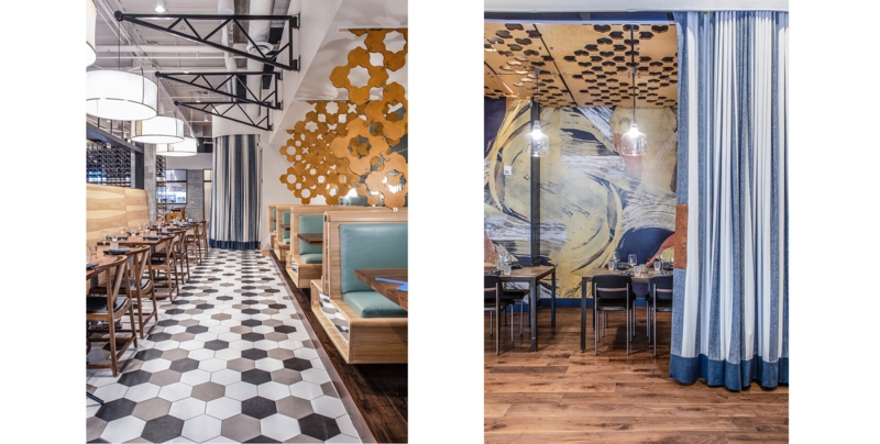 Modern Restaurant Booth Layout: Hexagonal Floor Tiles & Teal Upholstery