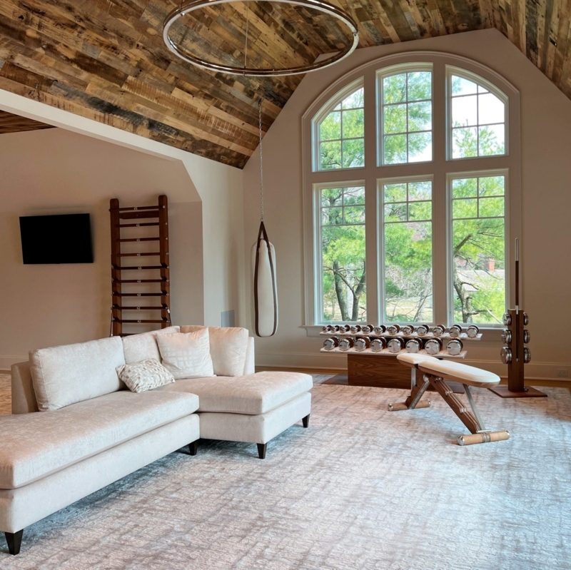 Modern Rustic Home Gym With Arched Picture Window