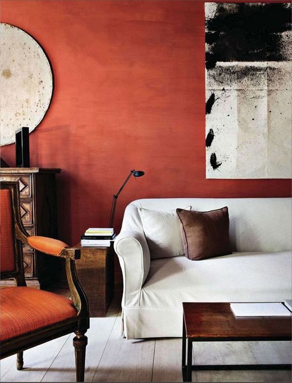 Modern Rustic Living Room with a Limewash Accent Wall and Abstract Art.