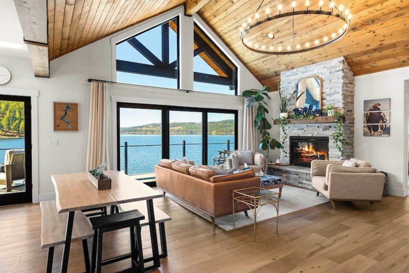 Modern Rustic Living Room with Stone Fireplace & Vaulted Wood Ceiling