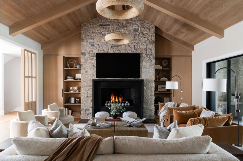 Modern Rustic Living Room with Vaulted Wood Ceiling