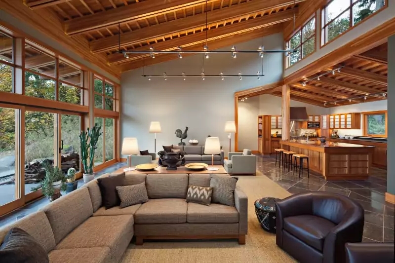 Modern Rustic Living Space: Vaulted Wood Ceiling & Expansive Glazing