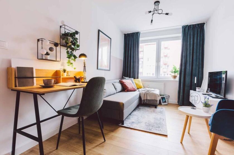 Modern Scandinavian Living Room with Wire Wall Storage