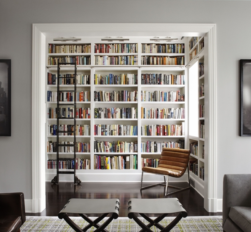 Modern Traditional Reading Nook: Recessed Alcove & Sliding Black Ladder